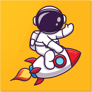 Cute Astronaut Riding Rocket And Waving Hand Cartoon Posters and Art